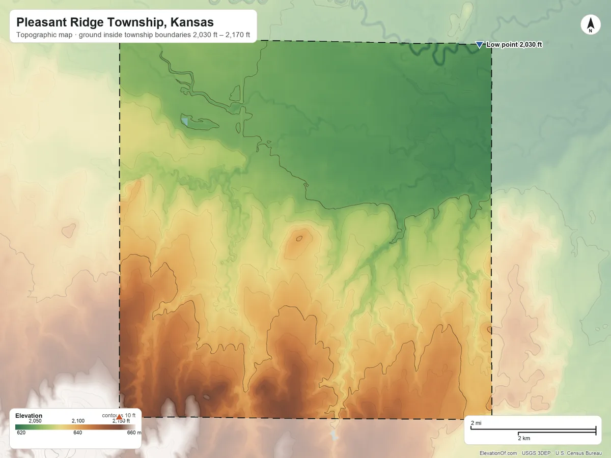 Topographic elevation map of Pleasant Ridge Township, Kansas, shaded from 2,030 ft on the northeast side to 2,170 ft on the southwest side