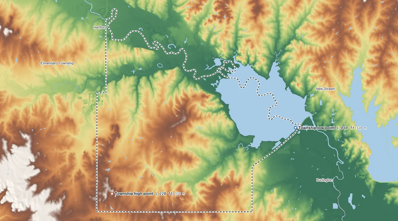 Topographic elevation map of Pleasant Township, Coffey County, Kansas, shaded from 1,040 ft on the east side to 1,220 ft on the southwest side