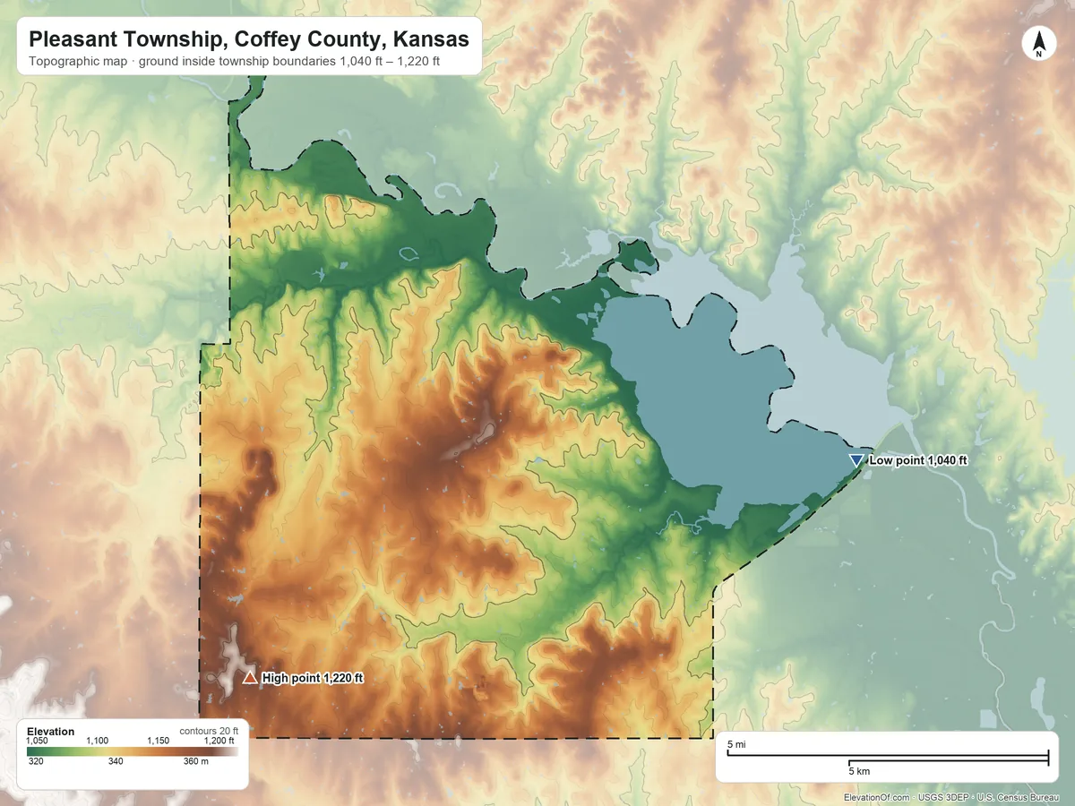 Topographic elevation map of Pleasant Township, Coffey County, Kansas, shaded from 1,040 ft on the east side to 1,220 ft on the southwest side