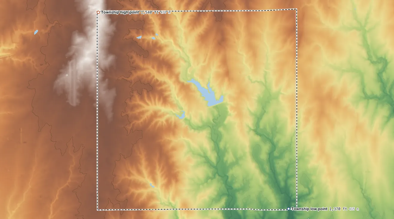 Topographic elevation map of Pleasant Township, Harvey County, Kansas, shaded from 1,370 ft on the southeast side to 1,540 ft on the northwest side