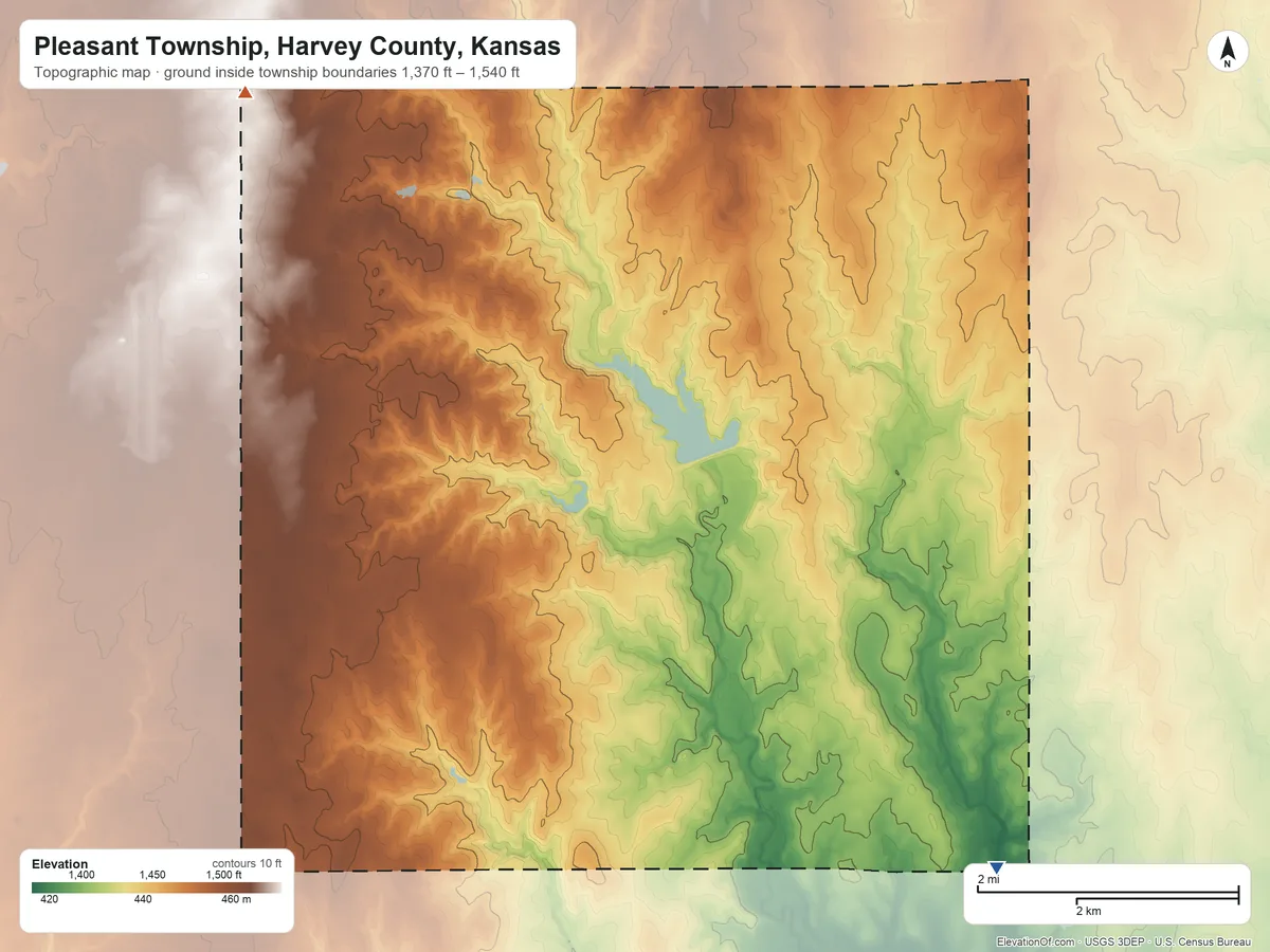 Topographic elevation map of Pleasant Township, Harvey County, Kansas, shaded from 1,370 ft on the southeast side to 1,540 ft on the northwest side