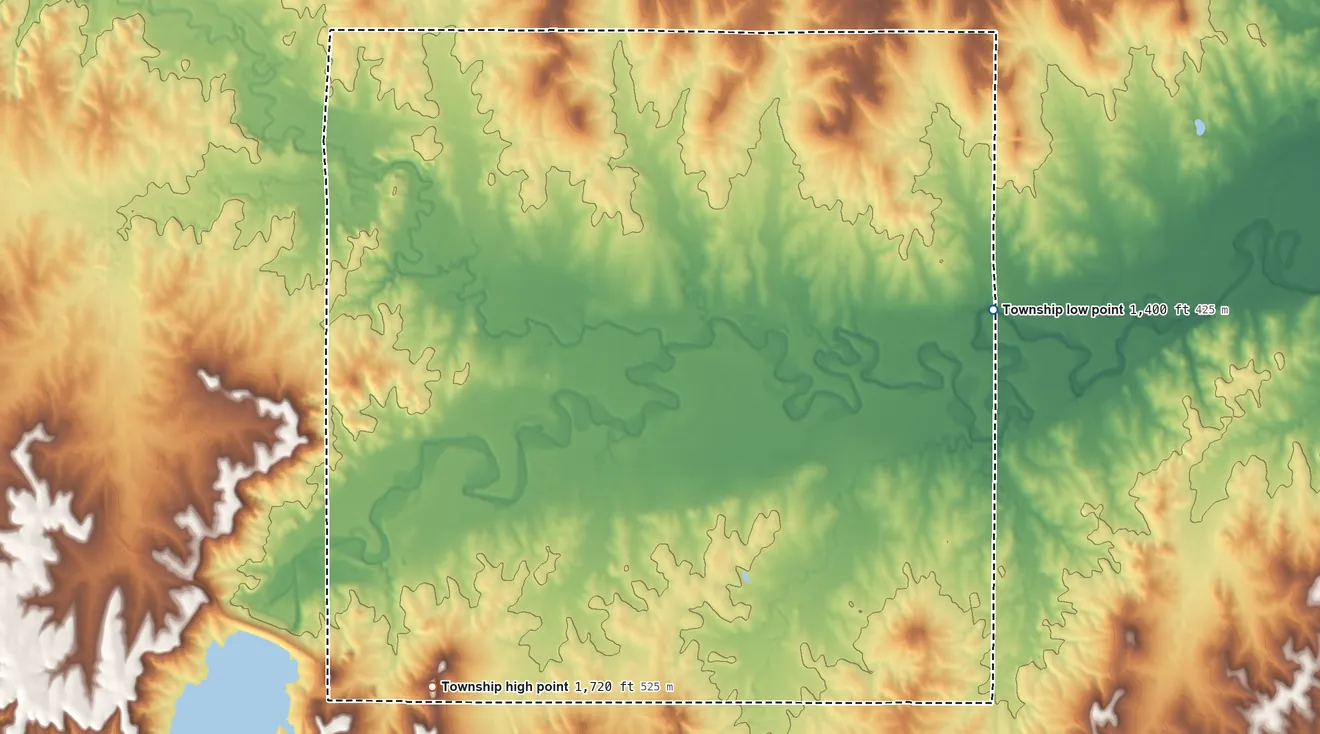 Topographic elevation map of Pleasant Township, Lincoln County, Kansas, shaded from 1,400 ft on the east side to 1,720 ft on the southwest side