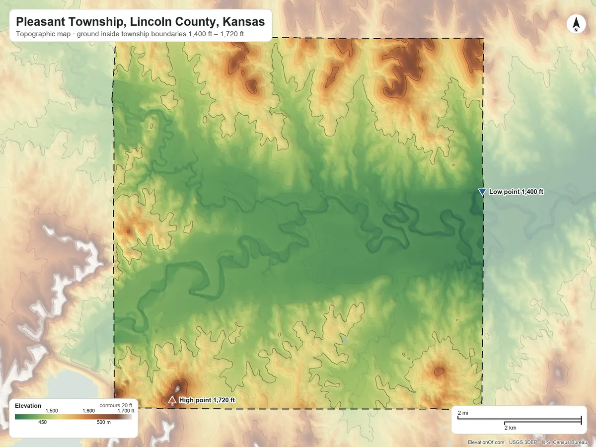 Topographic elevation map of Pleasant Township, Lincoln County, Kansas, shaded from 1,400 ft on the east side to 1,720 ft on the southwest side