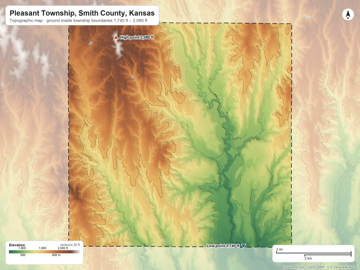 Topographic elevation map of Pleasant Township, Smith County, Kansas, shaded from 1,740 ft on the southeast side to 2,080 ft on the north side