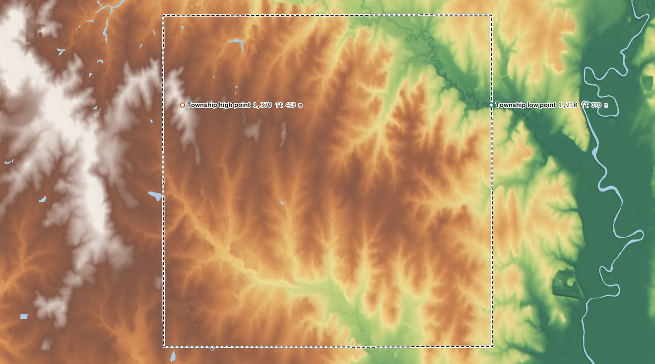 Topographic elevation map of Pleasant Township, Kansas, shaded from 1,210 ft on the northeast side to 1,370 ft on the north side