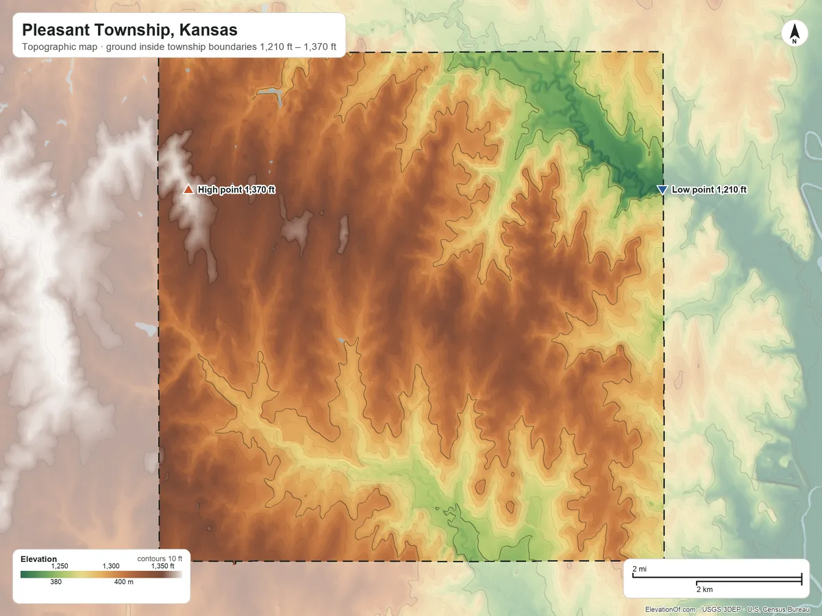 Topographic elevation map of Pleasant Township, Kansas, shaded from 1,210 ft on the northeast side to 1,370 ft on the north side