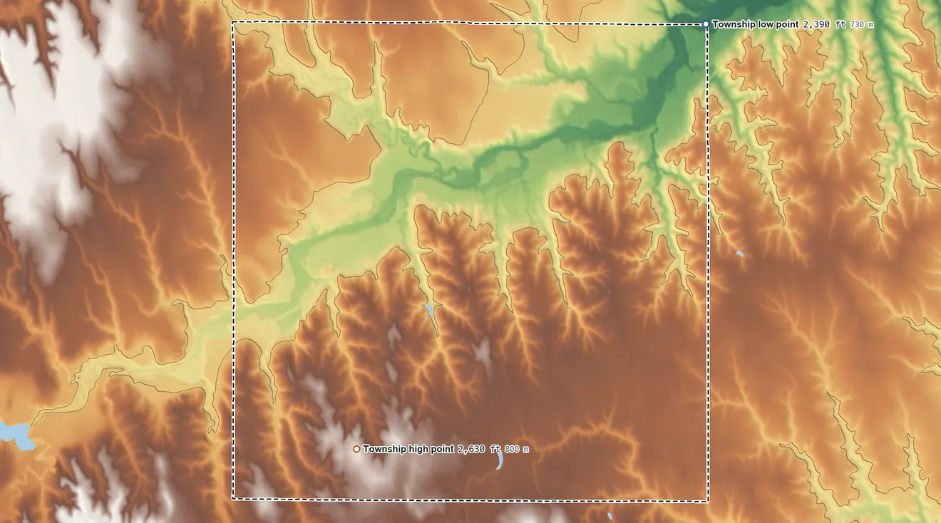 Topographic elevation map of Pleasant Valley Township, Decatur County, Kansas, shaded from 2,390 ft on the northeast side to 2,630 ft on the south side