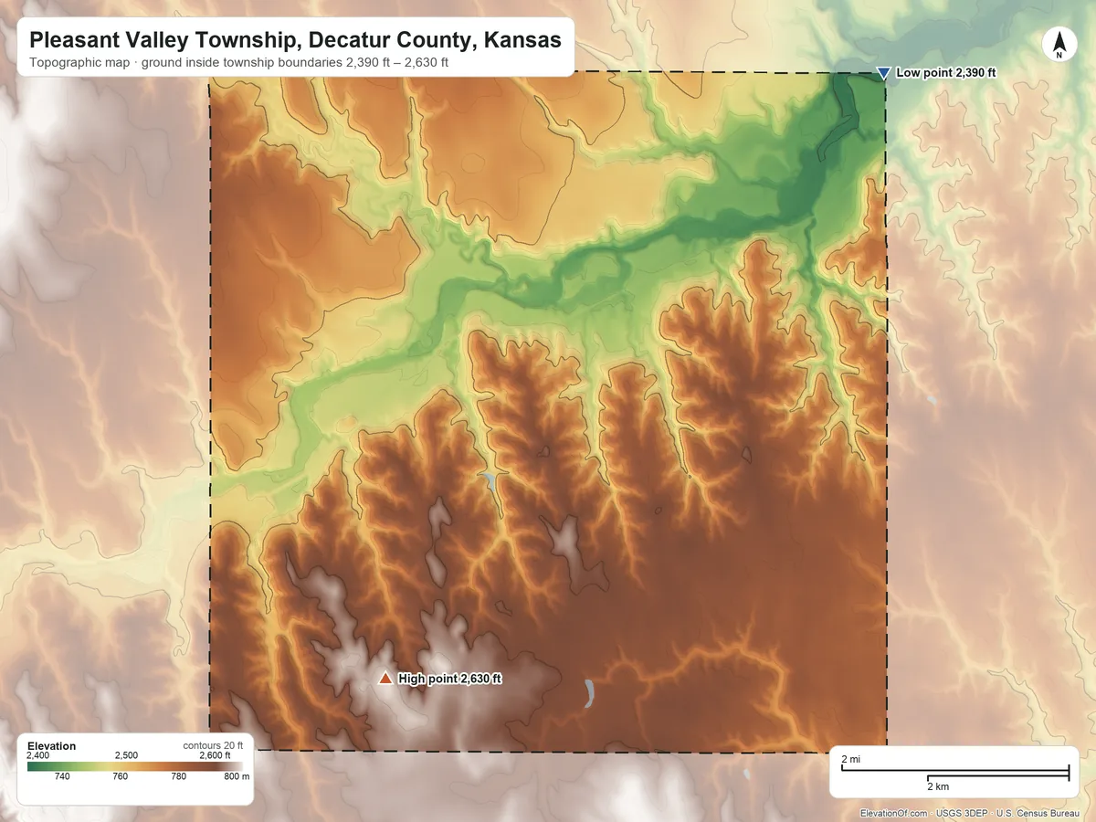 Topographic elevation map of Pleasant Valley Township, Decatur County, Kansas, shaded from 2,390 ft on the northeast side to 2,630 ft on the south side