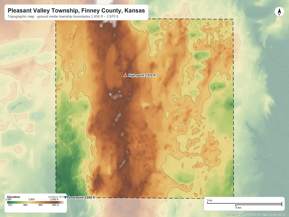 Topographic elevation map of Pleasant Valley Township, Finney County, Kansas, shaded from 2,850 ft on the southwest side to 2,970 ft on the north side