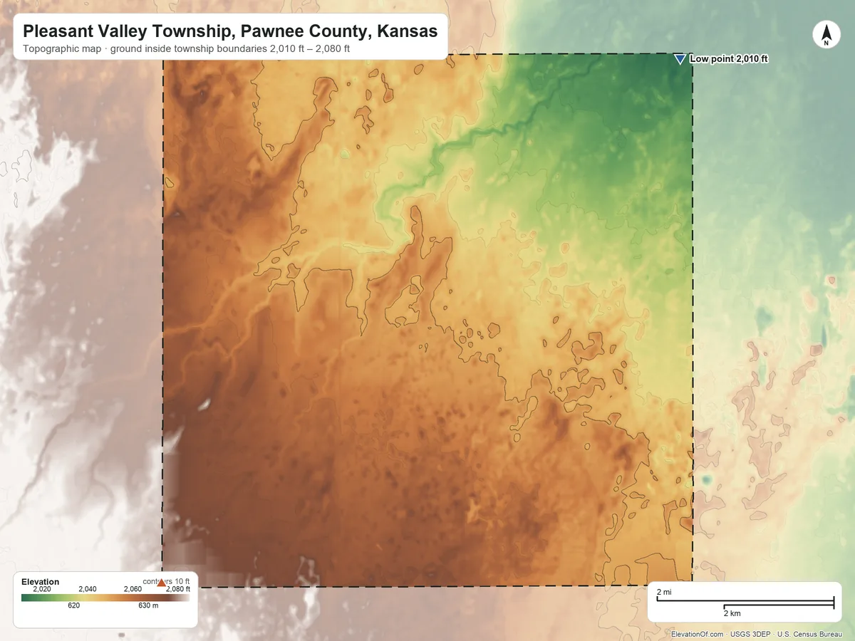 Topographic elevation map of Pleasant Valley Township, Pawnee County, Kansas, shaded from 2,010 ft on the northeast side to 2,080 ft on the southwest side