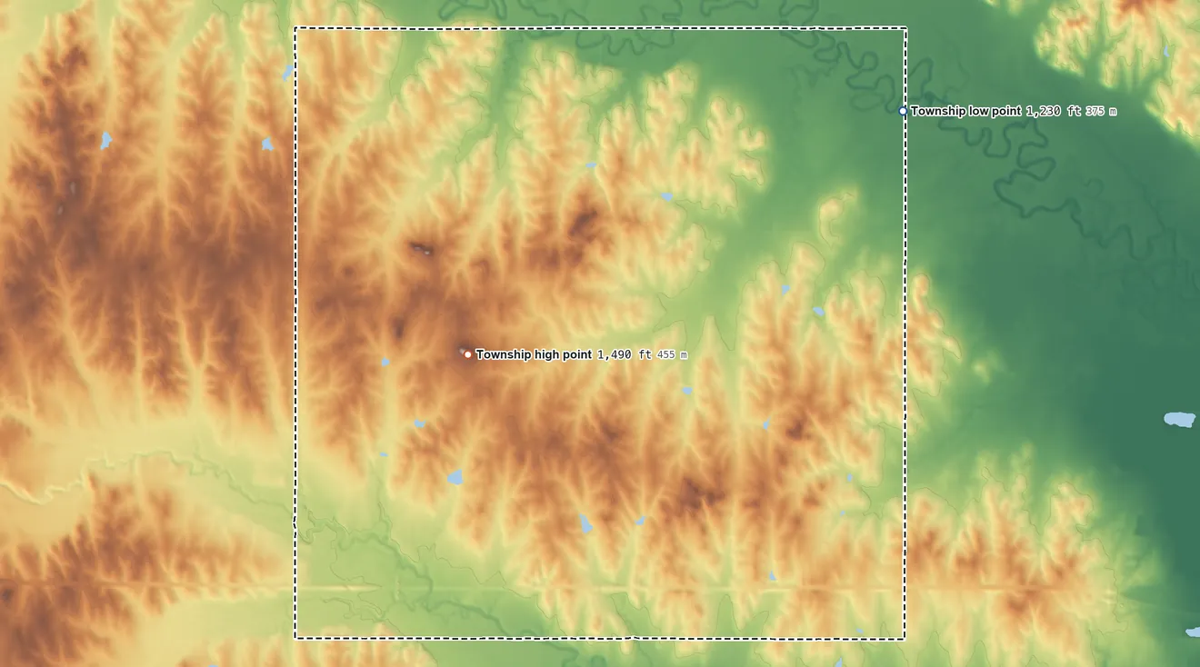 Topographic elevation map of Pleasant Valley Township, Saline County, Kansas, shaded from 1,230 ft on the northeast side to 1,490 ft on the northwest side