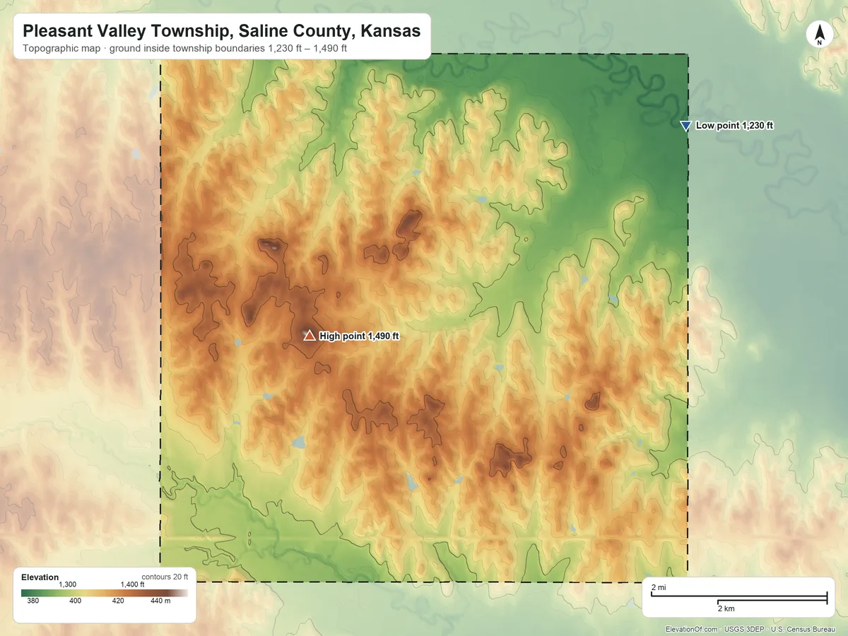 Topographic elevation map of Pleasant Valley Township, Saline County, Kansas, shaded from 1,230 ft on the northeast side to 1,490 ft on the northwest side