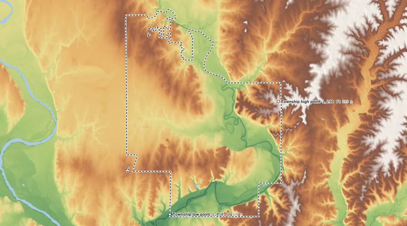Topographic elevation map of Pleasant Valley Township, Kansas, shaded from 1,050 ft on the south side to 1,290 ft on the east side