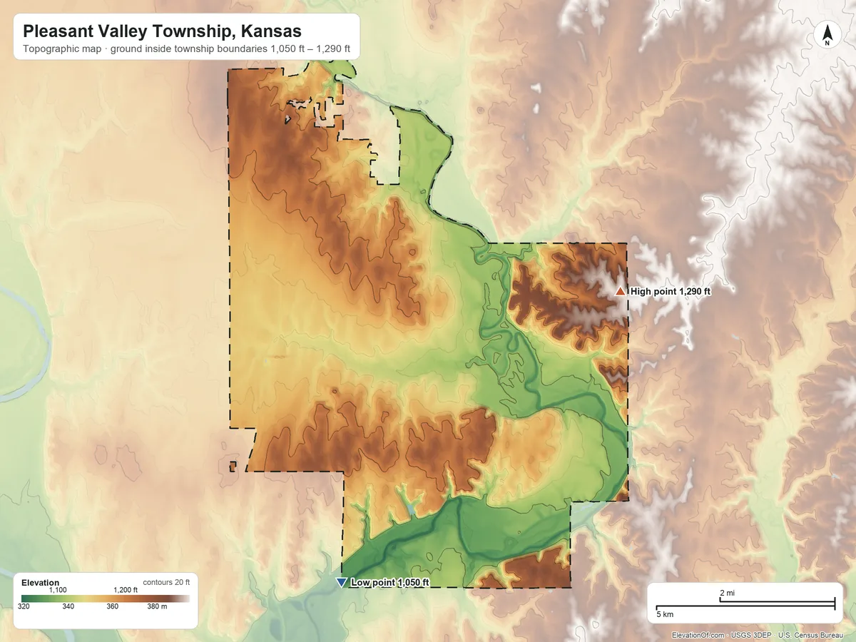 Topographic elevation map of Pleasant Valley Township, Kansas, shaded from 1,050 ft on the south side to 1,290 ft on the east side