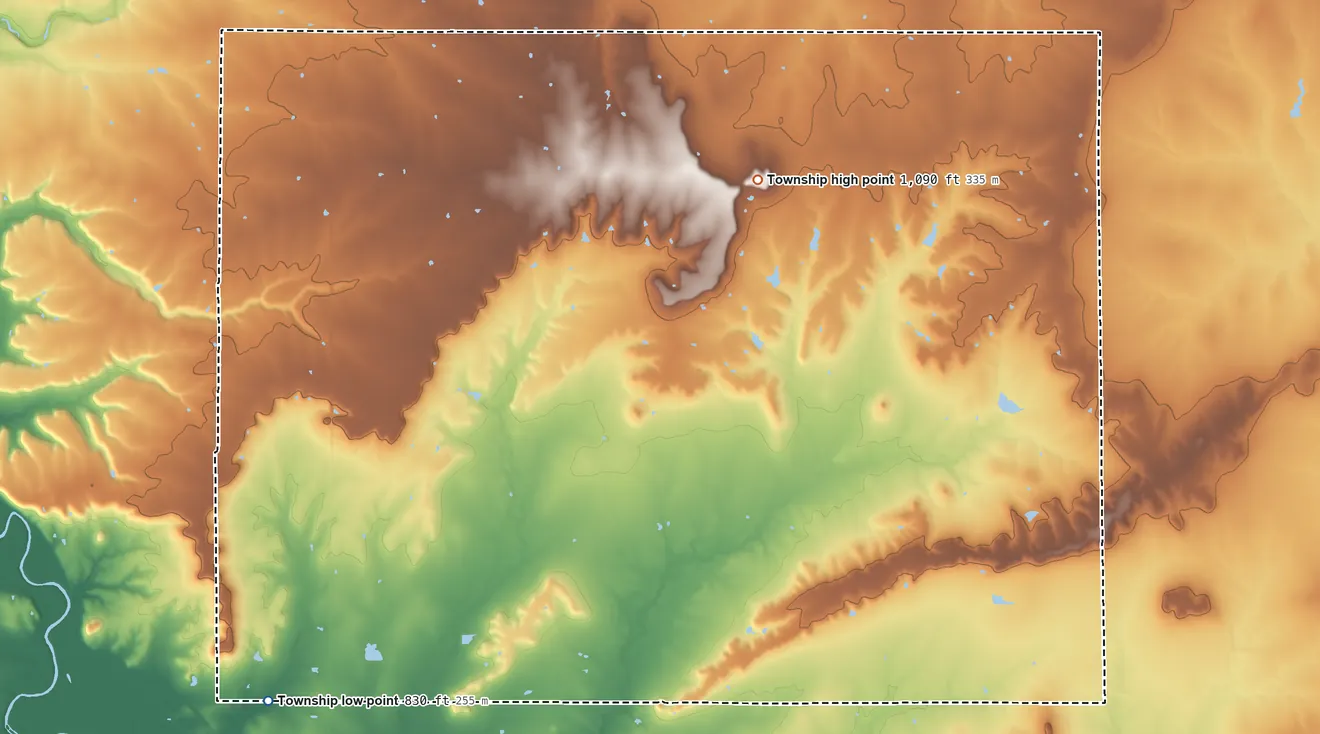 Topographic elevation map of Pleasant Valley Township, Wilson County, Kansas, shaded from 830 ft on the southwest side to 1,090 ft on the northeast side