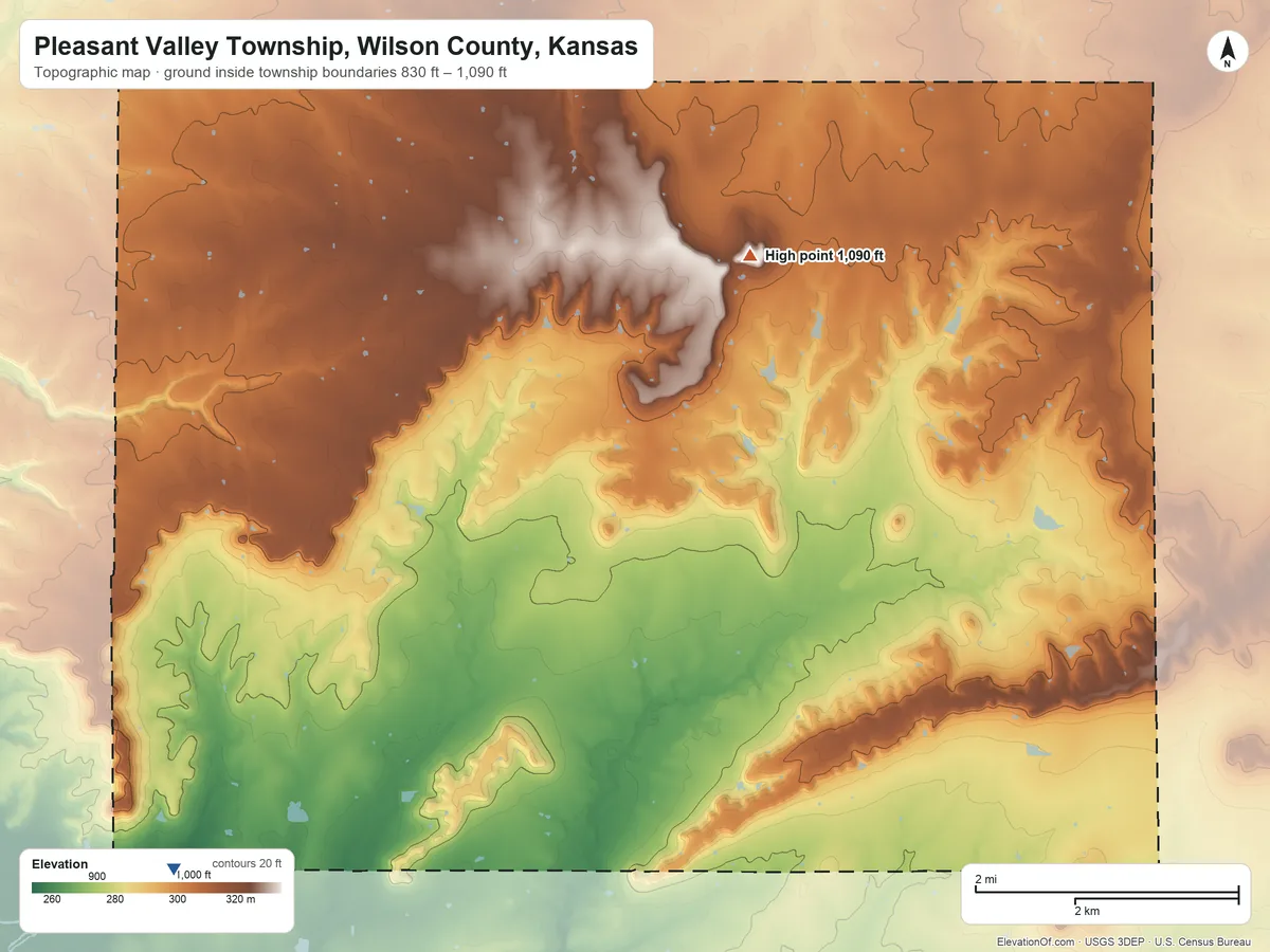 Topographic elevation map of Pleasant Valley Township, Wilson County, Kansas, shaded from 830 ft on the southwest side to 1,090 ft on the northeast side