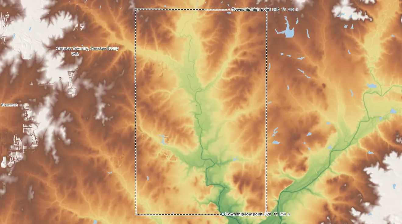 Topographic elevation map of Pleasant View Township, Kansas, shaded from 820 ft on the south side to 940 ft on the north side
