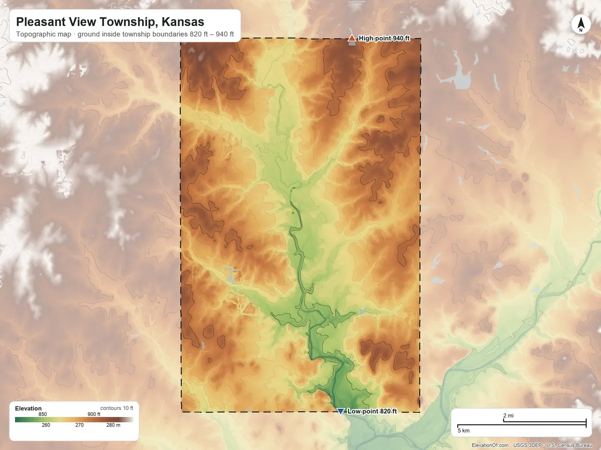 Topographic elevation map of Pleasant View Township, Kansas, shaded from 820 ft on the south side to 940 ft on the north side