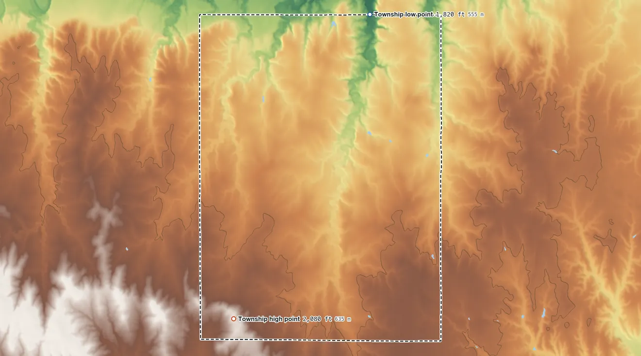 Topographic elevation map of Pleasantdale Township, Kansas, shaded from 1,820 ft on the north side to 2,080 ft on the southwest side