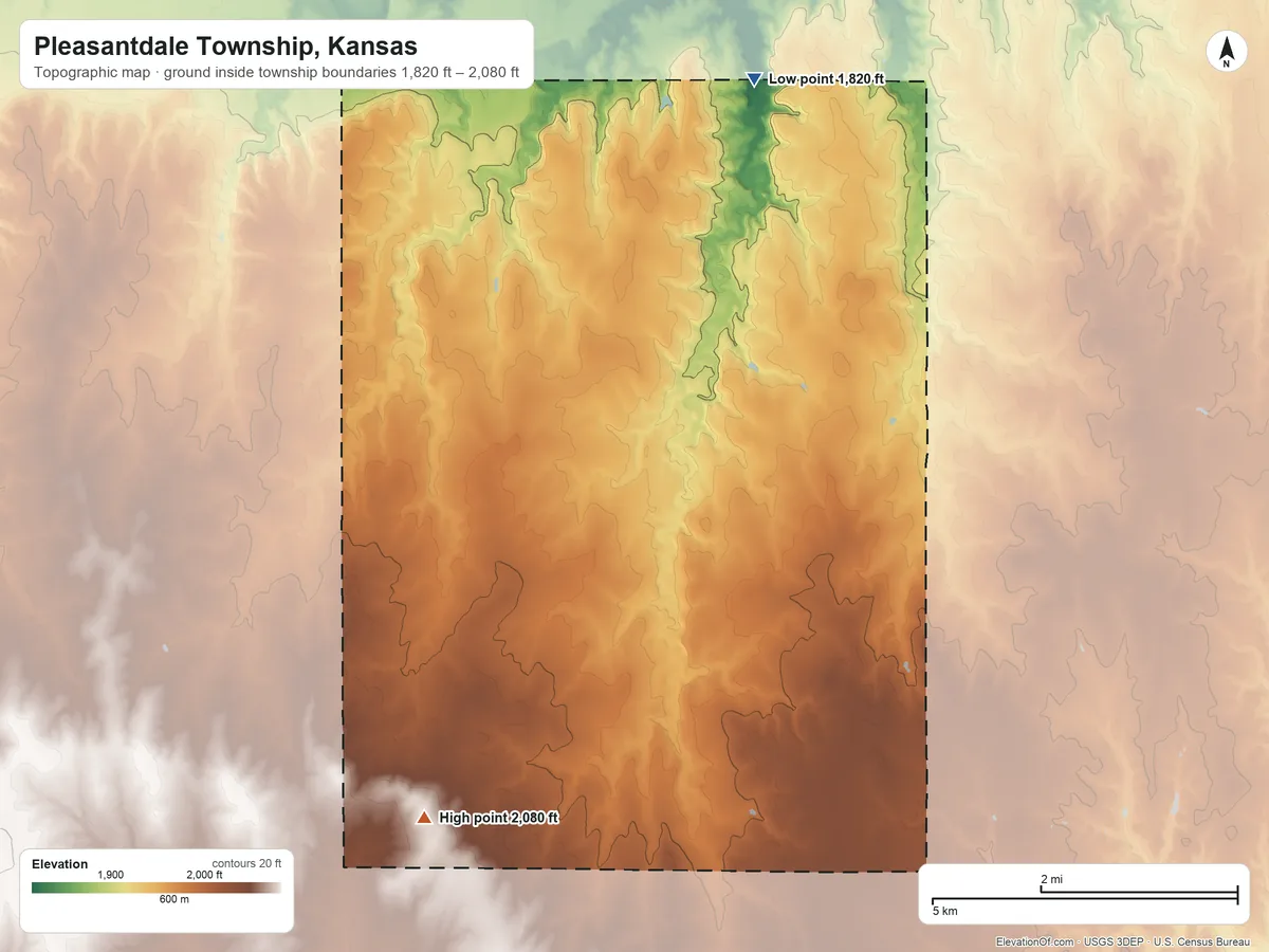 Topographic elevation map of Pleasantdale Township, Kansas, shaded from 1,820 ft on the north side to 2,080 ft on the southwest side