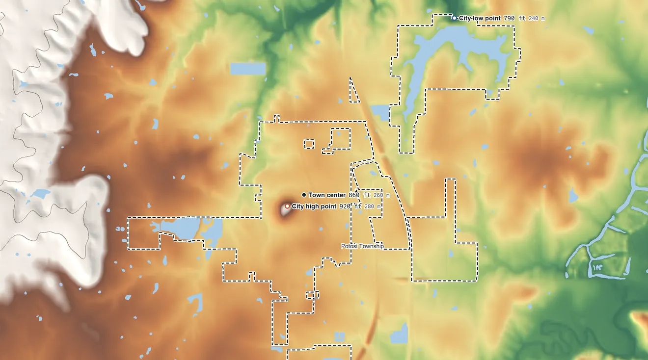 Topographic elevation map of Pleasanton, Kansas, shaded from 790 ft on the northeast side to 920 ft near the middle