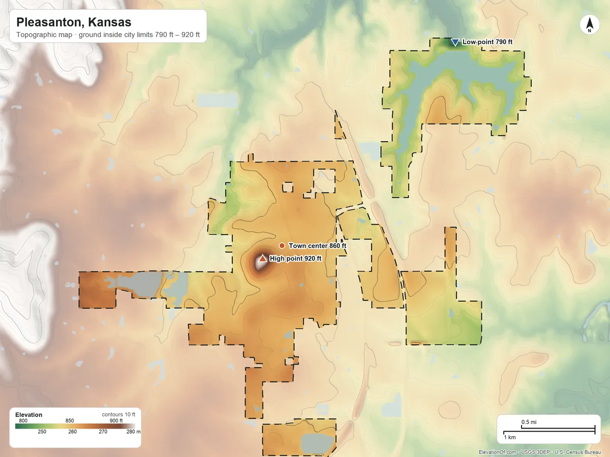 Topographic elevation map of Pleasanton, Kansas, shaded from 790 ft on the northeast side to 920 ft near the middle