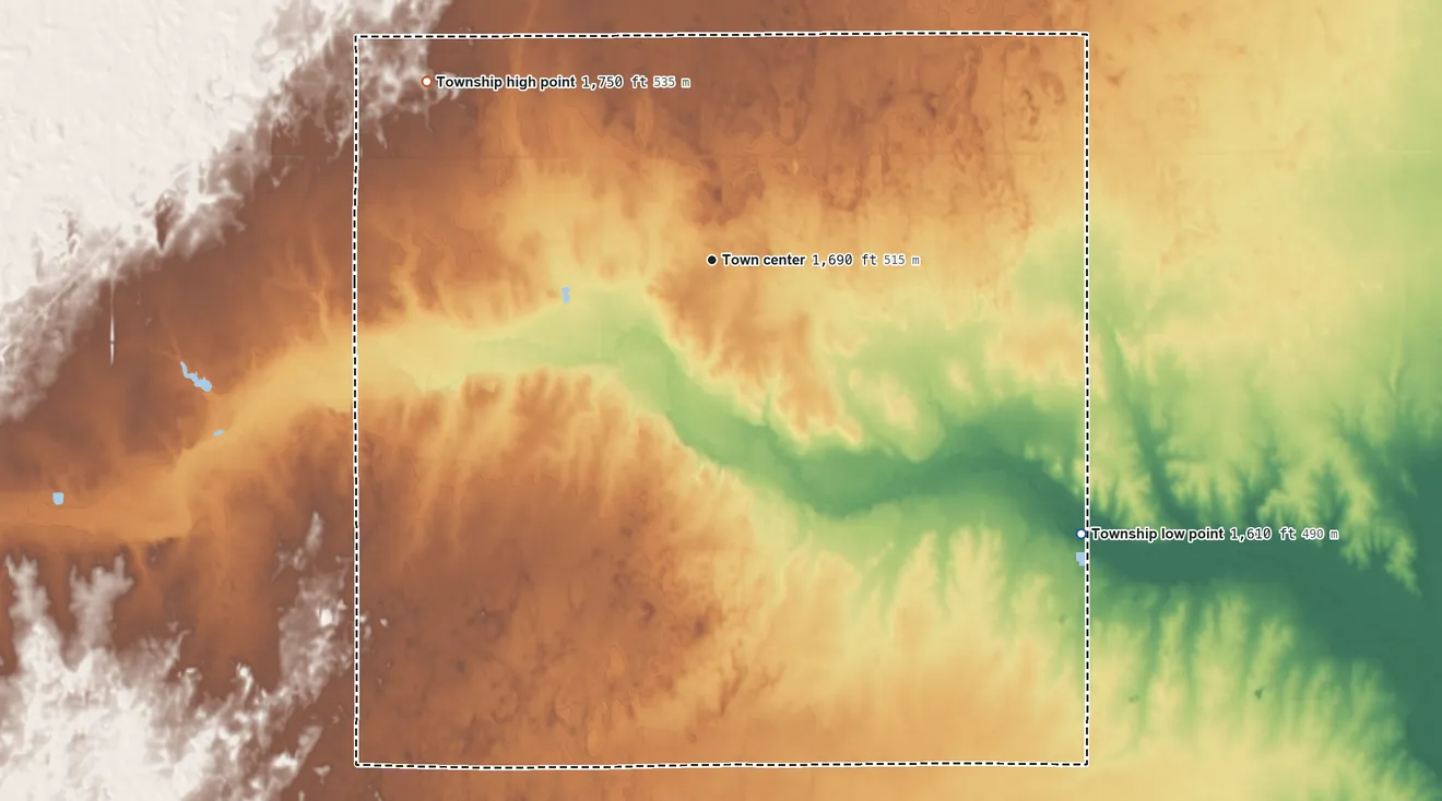 Topographic elevation map of Plevna Township, Kansas, shaded from 1,610 ft on the southeast side to 1,750 ft on the northwest side