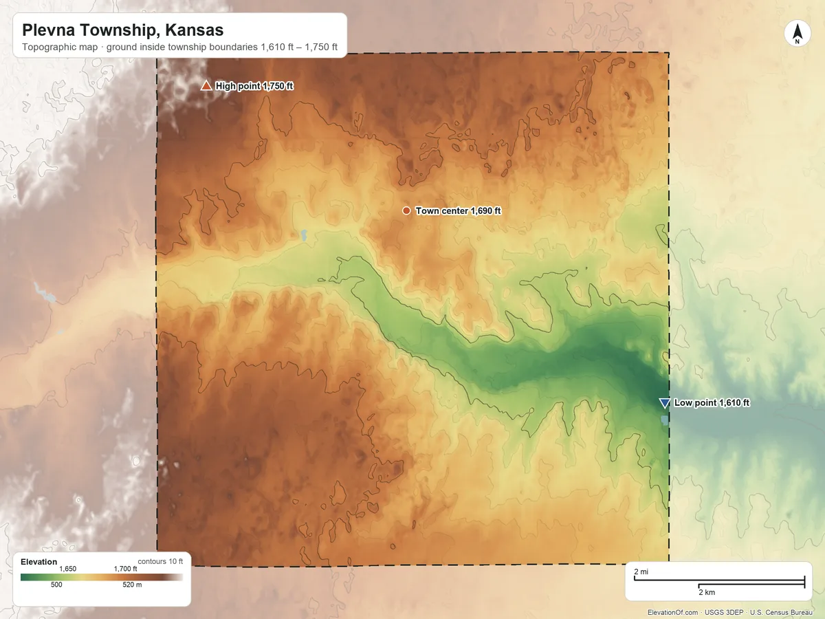 Topographic elevation map of Plevna Township, Kansas, shaded from 1,610 ft on the southeast side to 1,750 ft on the northwest side