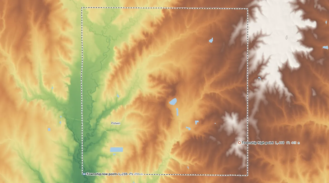 Topographic elevation map of Plum Grove Township, Kansas, shaded from 1,280 ft on the southwest side to 1,460 ft on the east side