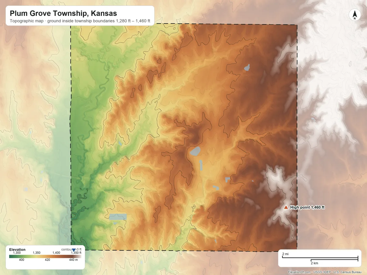 Topographic elevation map of Plum Grove Township, Kansas, shaded from 1,280 ft on the southwest side to 1,460 ft on the east side