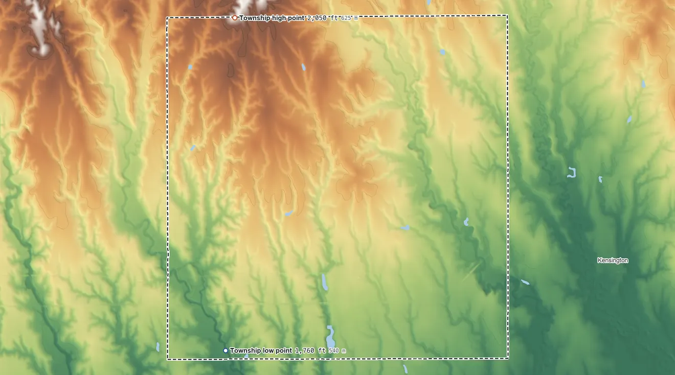Topographic elevation map of Plum Township, Kansas, shaded from 1,760 ft on the southwest side to 2,050 ft on the northwest side