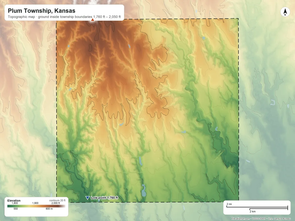 Topographic elevation map of Plum Township, Kansas, shaded from 1,760 ft on the southwest side to 2,050 ft on the northwest side