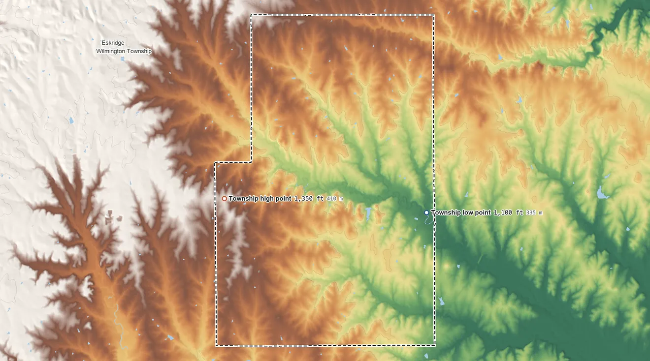 Topographic elevation map of Plumb Township, Kansas, shaded from 1,100 ft on the southeast side to 1,350 ft on the west side