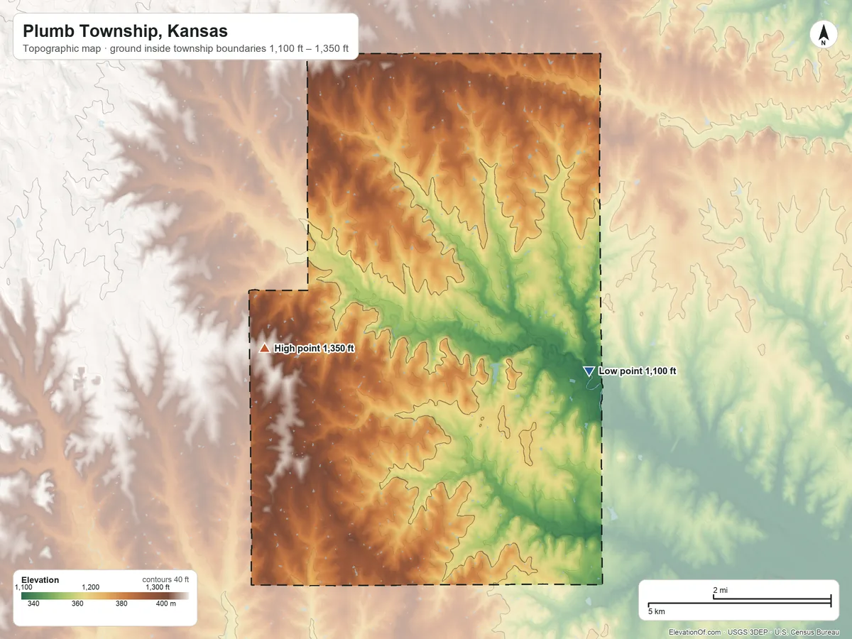 Topographic elevation map of Plumb Township, Kansas, shaded from 1,100 ft on the southeast side to 1,350 ft on the west side