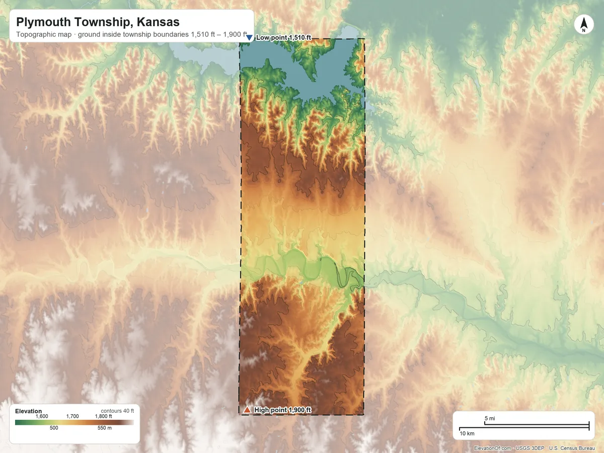 Topographic elevation map of Plymouth Township, Kansas, shaded from 1,510 ft on the north side to 1,900 ft on the south side