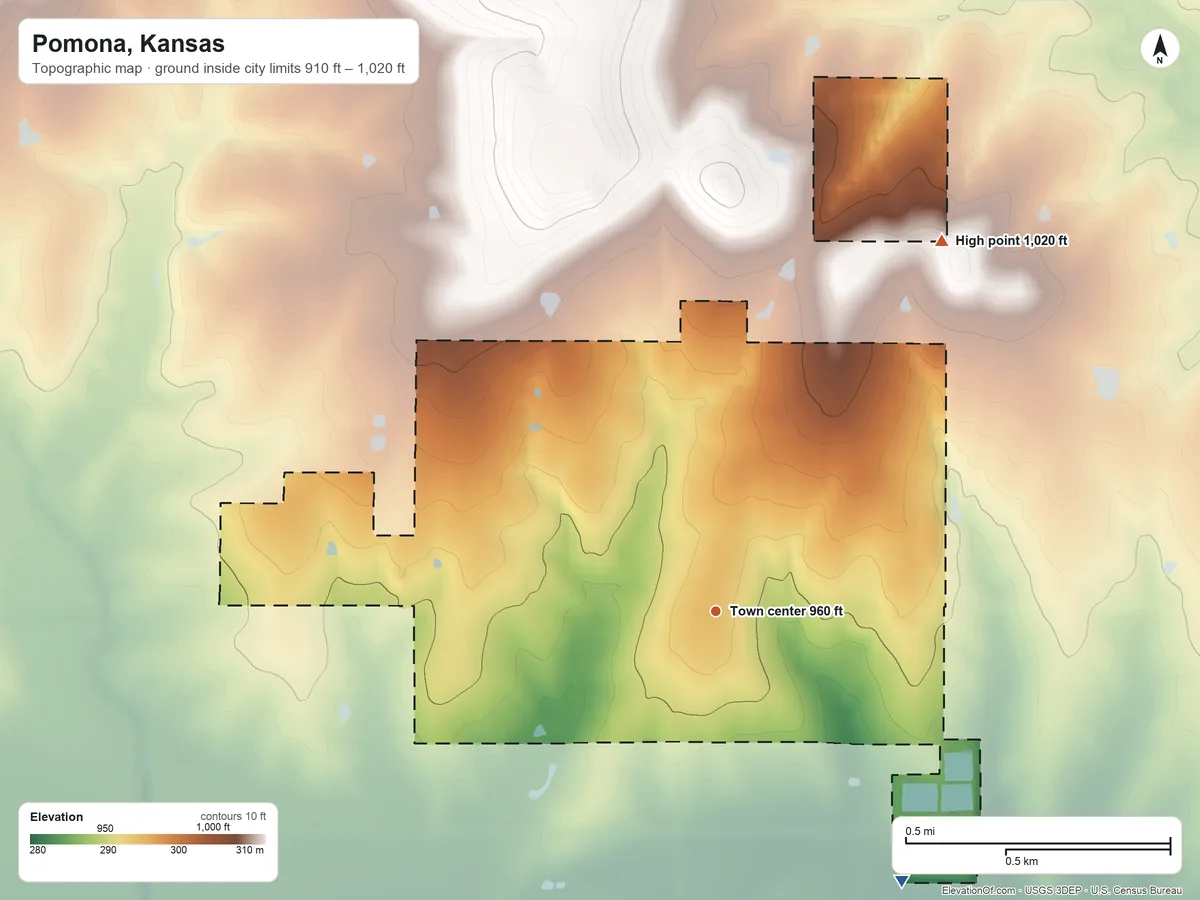 Topographic elevation map of Pomona, Kansas, shaded from 910 ft on the southeast side to 1,020 ft on the northeast side