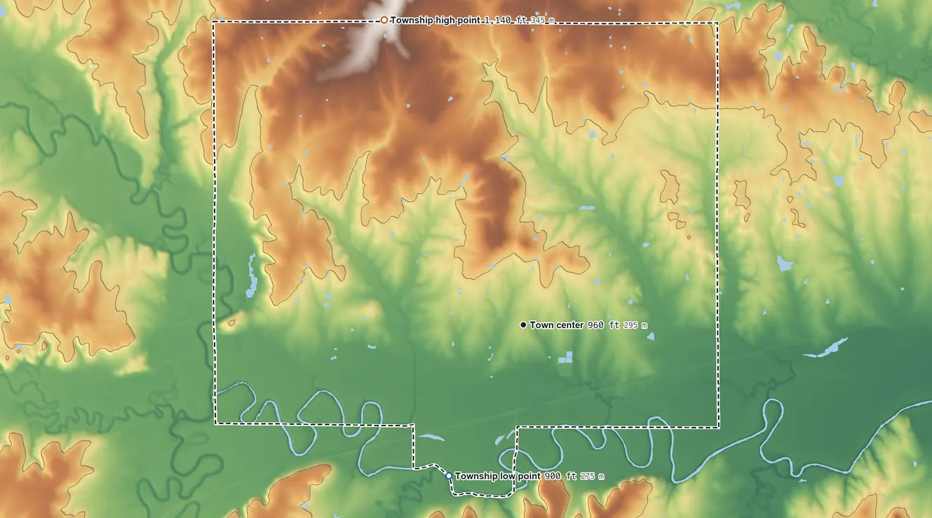 Topographic elevation map of Pomona Township, Kansas, shaded from 900 ft on the southwest side to 1,140 ft on the northwest side