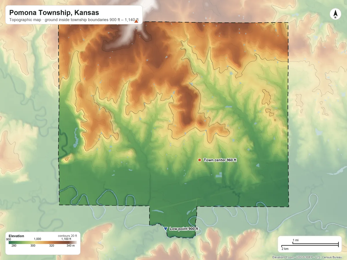 Topographic elevation map of Pomona Township, Kansas, shaded from 900 ft on the southwest side to 1,140 ft on the northwest side