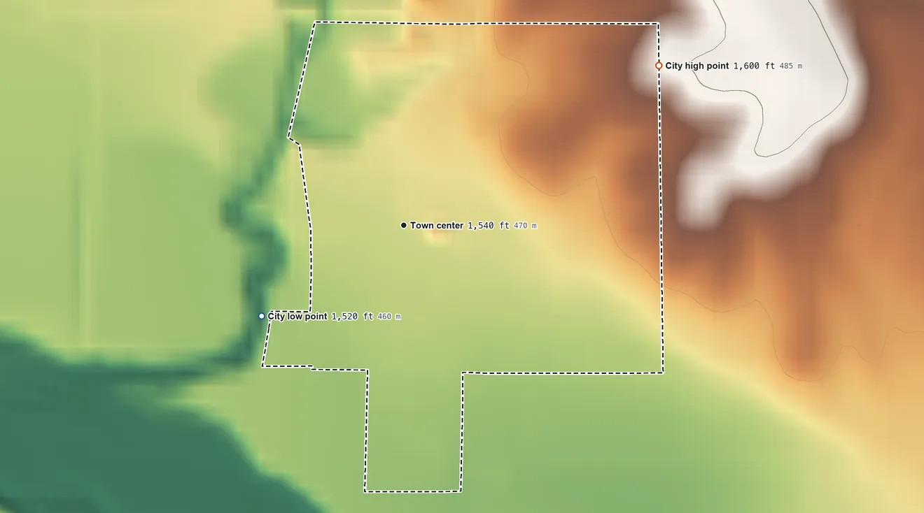 Topographic elevation map of Portis, Kansas, shaded from 1,520 ft on the southwest side to 1,600 ft on the northeast side