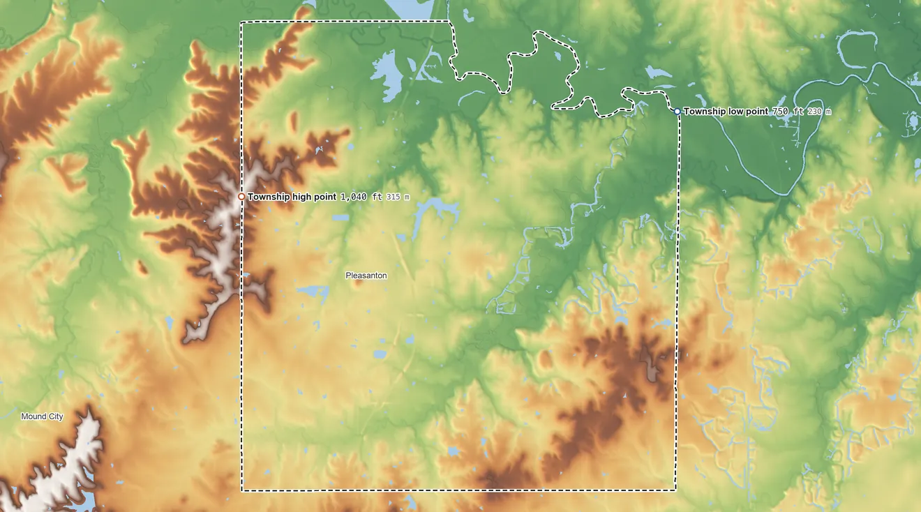 Topographic elevation map of Potosi Township, Kansas, shaded from 750 ft on the northeast side to 1,040 ft on the northwest side
