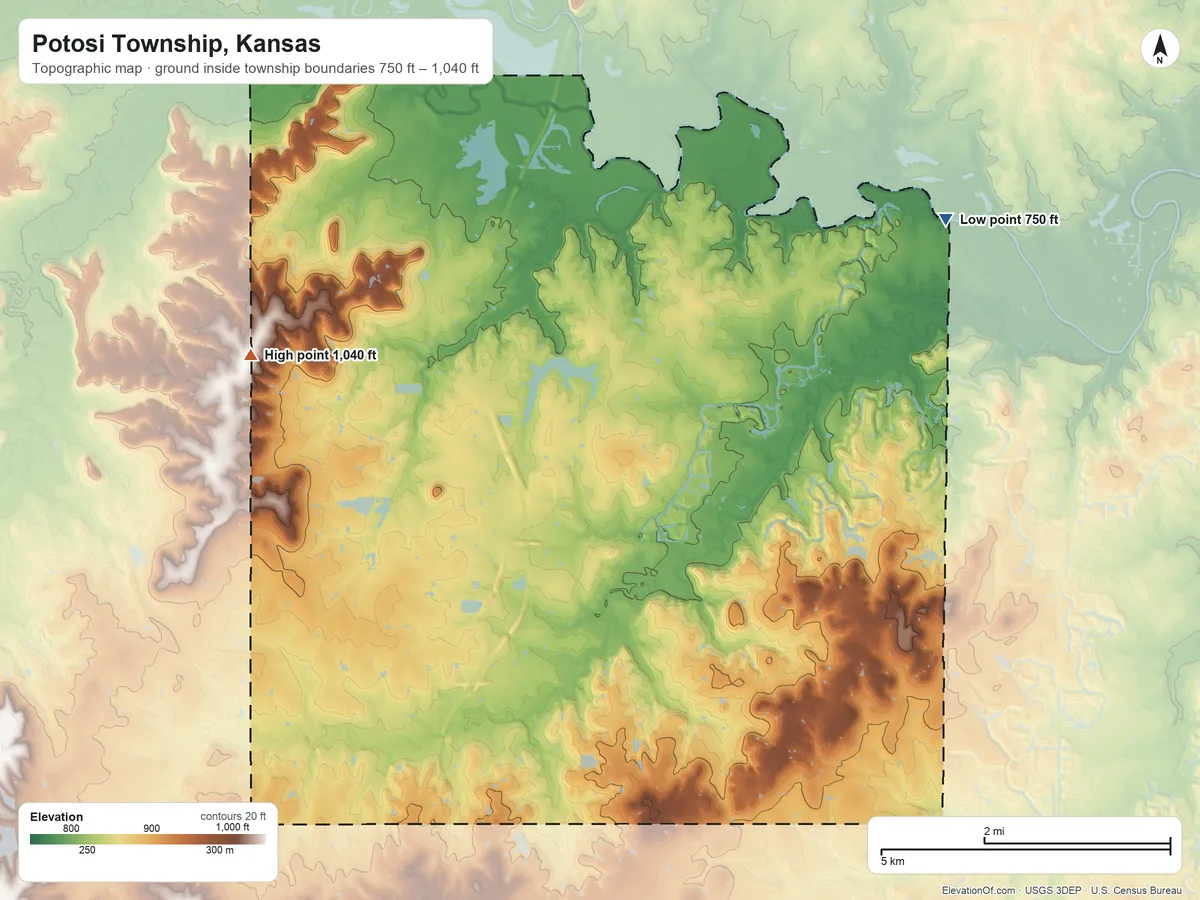 Topographic elevation map of Potosi Township, Kansas, shaded from 750 ft on the northeast side to 1,040 ft on the northwest side