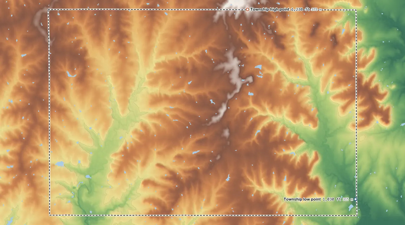 Topographic elevation map of Pottawatomie Township, Coffey County, Kansas, shaded from 1,030 ft on the southeast side to 1,230 ft on the northeast side