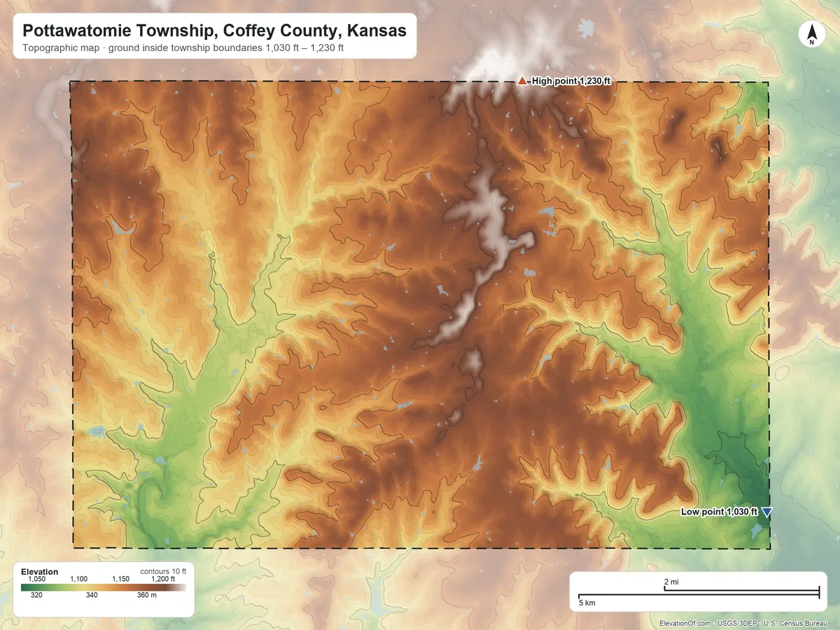Topographic elevation map of Pottawatomie Township, Coffey County, Kansas, shaded from 1,030 ft on the southeast side to 1,230 ft on the northeast side