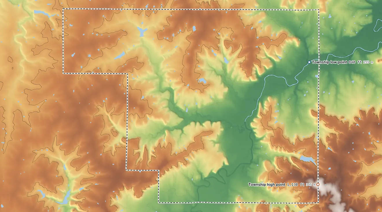 Topographic elevation map of Pottawatomie Township, Franklin County, Kansas, shaded from 840 ft on the northeast side to 1,130 ft on the southeast side