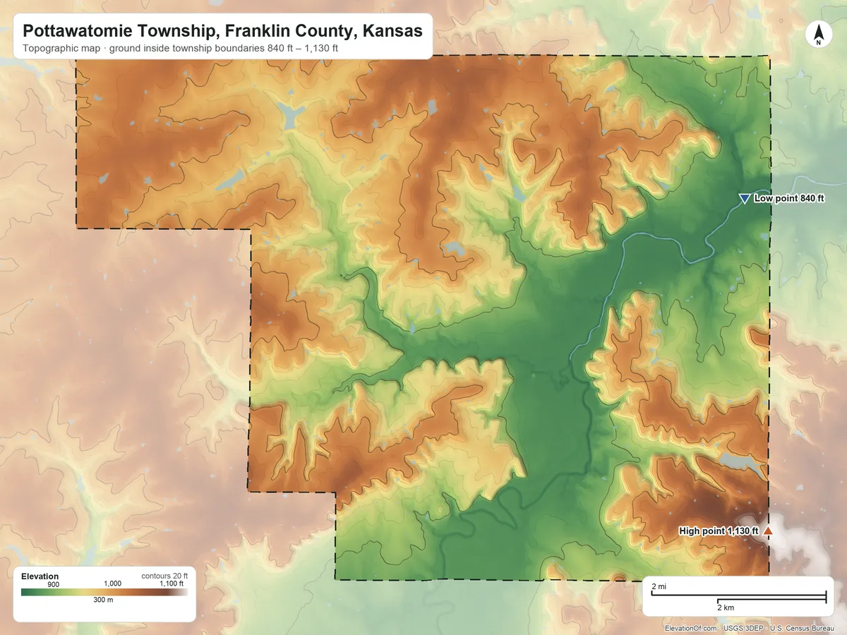 Topographic elevation map of Pottawatomie Township, Franklin County, Kansas, shaded from 840 ft on the northeast side to 1,130 ft on the southeast side