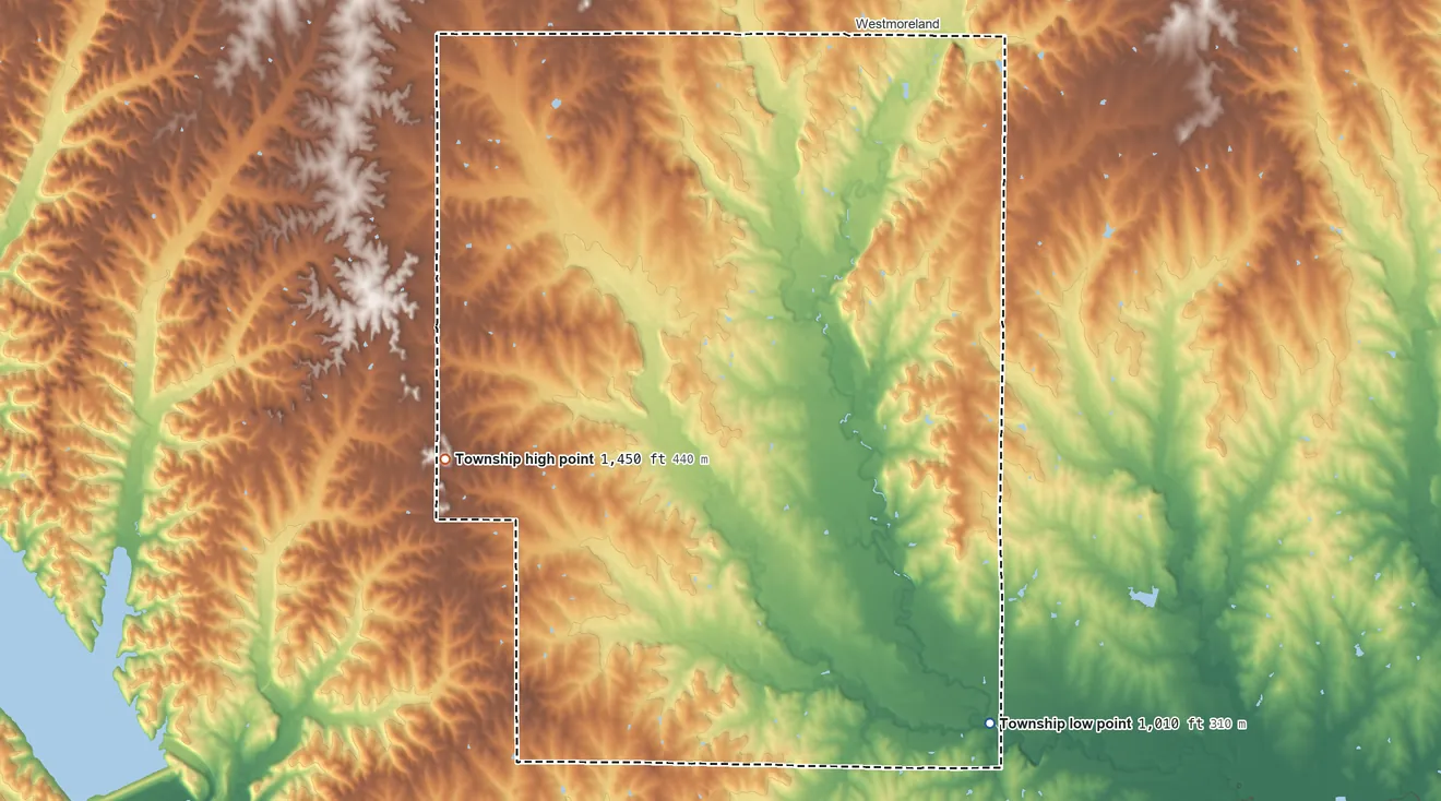 Topographic elevation map of Pottawatomie Township, Kansas, shaded from 1,010 ft on the southeast side to 1,450 ft on the west side
