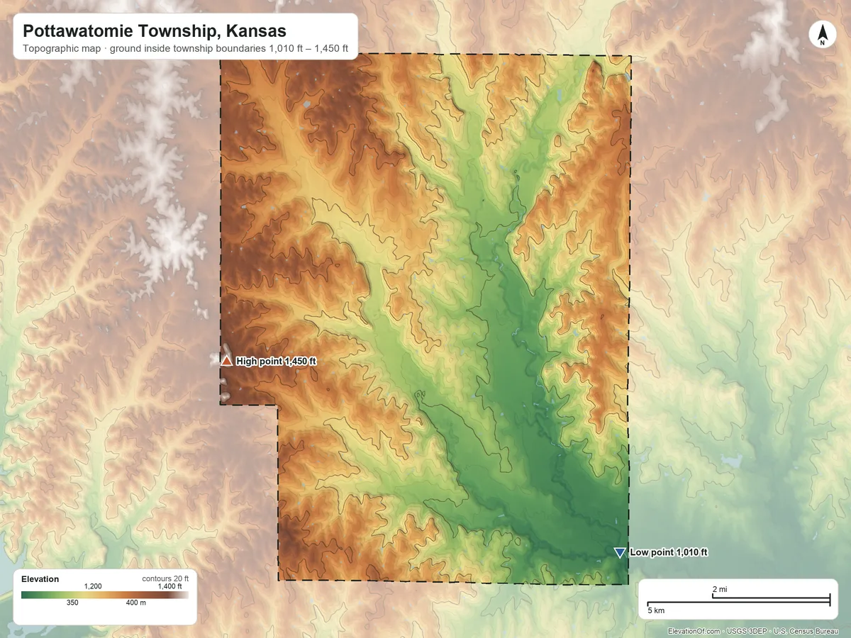 Topographic elevation map of Pottawatomie Township, Kansas, shaded from 1,010 ft on the southeast side to 1,450 ft on the west side