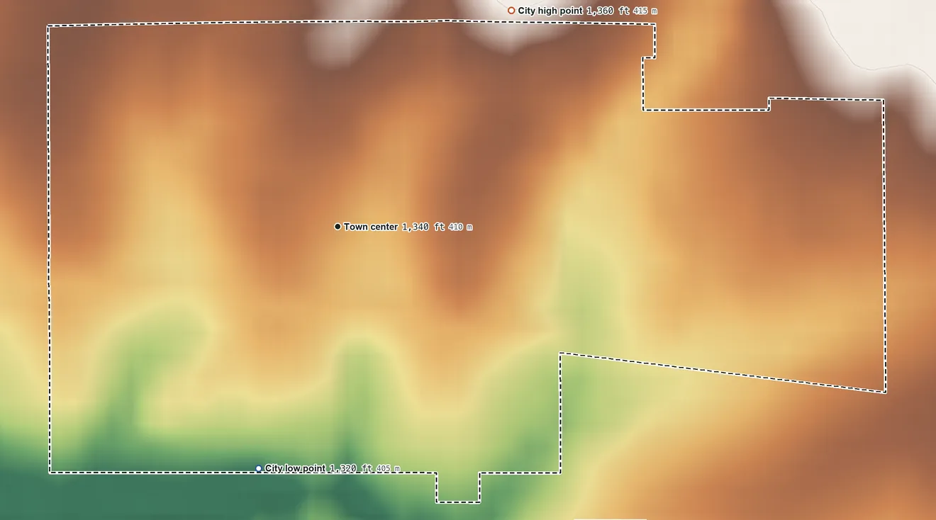 Topographic elevation map of Potwin, Kansas, shaded from 1,320 ft on the south side to 1,360 ft on the northeast side