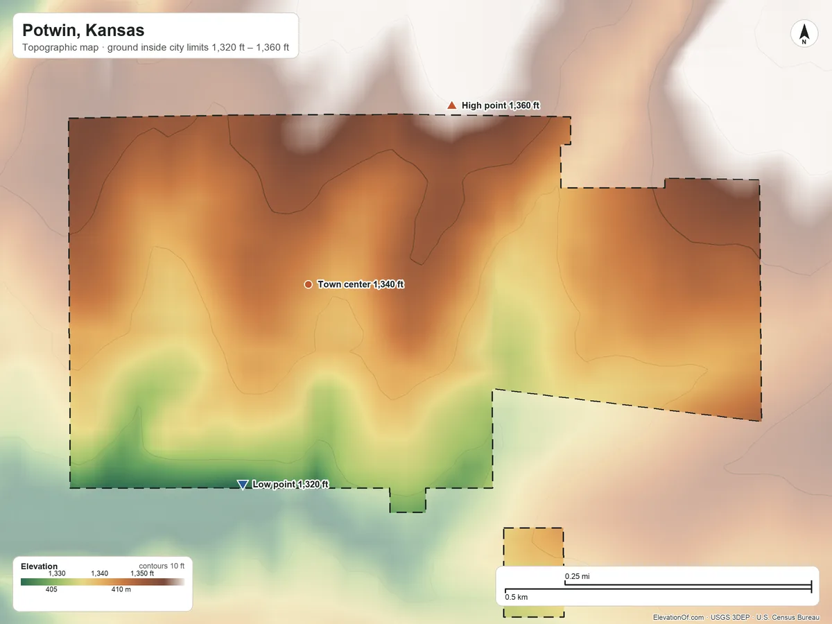 Topographic elevation map of Potwin, Kansas, shaded from 1,320 ft on the south side to 1,360 ft on the northeast side