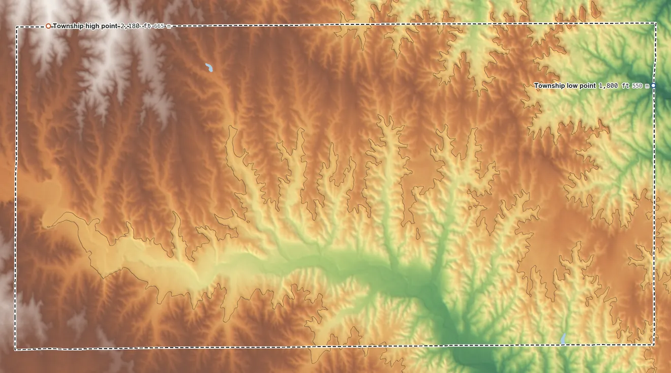 Topographic elevation map of Powell Township, Kansas, shaded from 1,800 ft on the east side to 2,180 ft on the north side